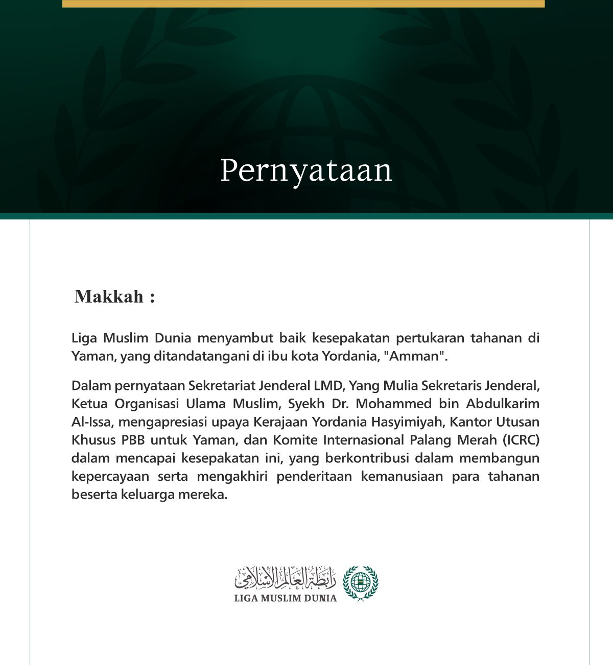 Liga Muslim Dunia Sambut Baik Kesepakatan Pertukaran Tahanan di Yaman
